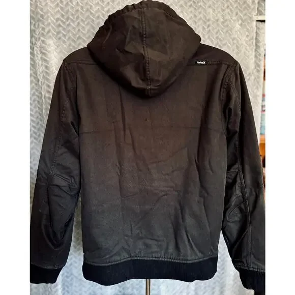 Hurley Mens Fleece Lined Hooded Black Canvas Denim Jacket- Small Outdoor Chore - Picture 3 of 5